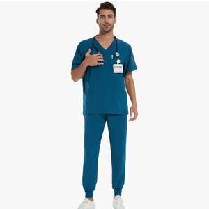 COZYFIT NEW Men's Set XL Scrub Top & XLT Tall Jogger Pant Caribbean Blue Stretch